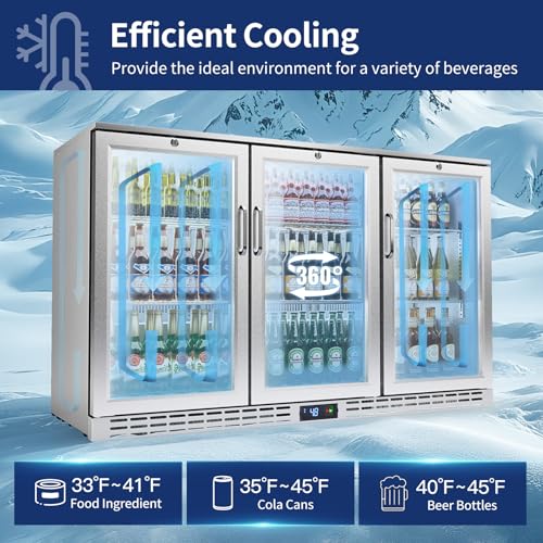 Image of 53 inch 11.7 cu.ft Back Bar Cooler Commercial Counter Height Beverage Refrigerator with 3 Glass Doors & LED Lighting, Stainless Steel Beer Fridge for Home Bar Restaurant, Sliver, 115V, ETL Approved