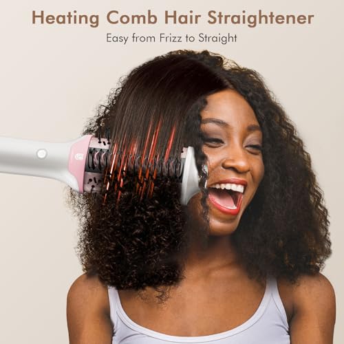 Image of 2-in-1 Blow Dryer Brush & Hair Straightener, Ionic & Ceramic Thermal Brush with Adjustable Heat & Cool Shot, 110000 RPM Motor High-Speed Motor for Frizz-Free, Smooth & Voluminous Hair, White with Comb