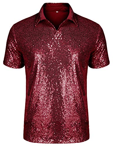URRU Men's Relaxed Short Sleeve Turndown Sparkle Sequins Polo Shirts 70s Disco Nightclub Party T-Shirts Tops Red S