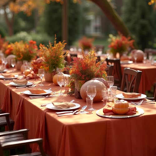 Image of sancua Thanksgiving Tablecloths for 8 Foot Rectangle Tables, 6 Pack Burnt Orange - Washable Polyester Fabric Fall Table Cloth for Holiday Party, Birthday, Banquet Reception, 60x120 Inch Rust