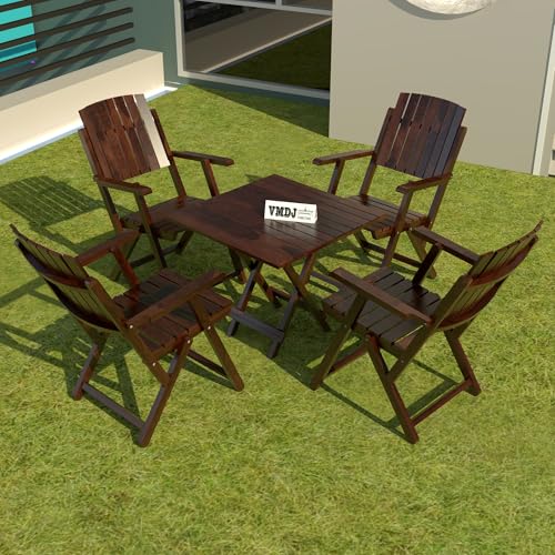 Image of Sheesham Wooden Coffee Color Portable Foldable 4 Seater Chair with Table Set Outdoor Balcony Garden Coffee Table Set Furniture with 1 Table and 4 Chairs Set
