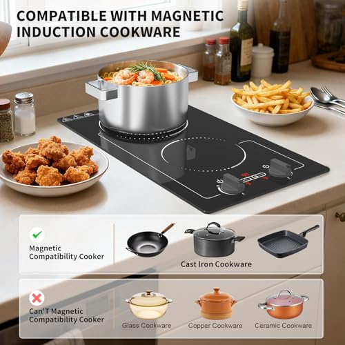 Image of GIHETKUT Double Induction Cooktop, 110V 2300W hot plate with LED Touch Screen, 9 Power Levels, Kids Lock & Timer, Overheat Protection, knob and touch control 2 burner Induction cooktop