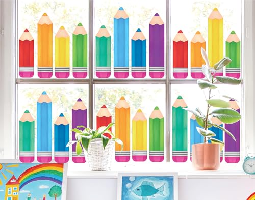 Image of Whaline 9 Sheet Colorful Pencil Window Clings Back to School Rainbow Color Pencil Reusable Window Decals for First Day of School Home Nursery Classroom Decor