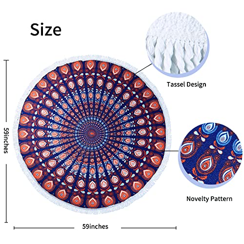 Benefeet Sox Large Round Beach Towels Mandala Beach Towel Microfiber Quick Dry Sandless Thick Boho Bohemian Roundie Throw Beach Blanket Tassels Hippy Gypsy Circle Swim Pool Towel-Mandala Navy, 59" #TOP2