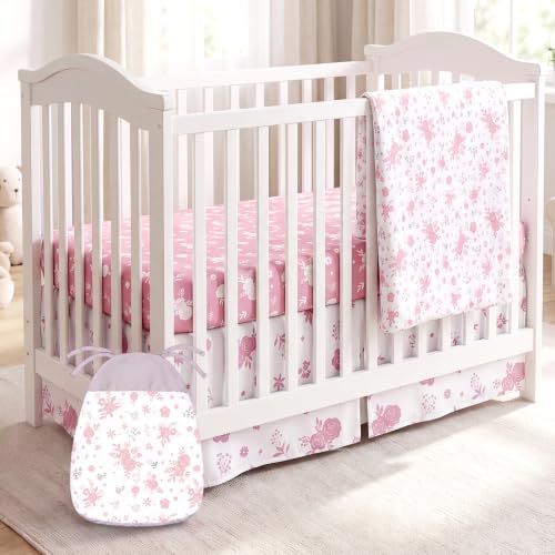 Image of Hahafelt 4 Pieces Crib Bedding Set for Girls and Boys, Soft Baby Bedding Set Including Crib Skirt, Comforter, Sheet and Diaper Stacker for Nursery(Antique Rose)