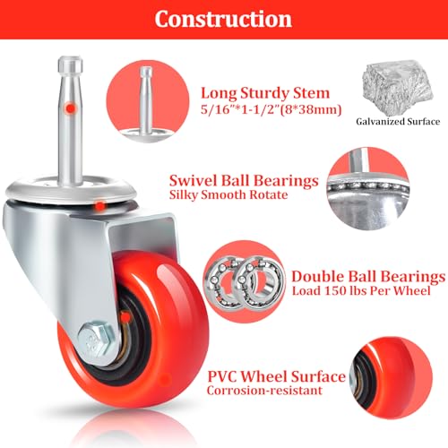 Enyke 2 Inch Long Stem Casters 600 LBS with 5/16" x 1-1/2" (8 x 38mm) Stem, Wet Dry Vac Repalcement Casters Set of 4, 360 Degree Swivel Castor Wheels with Double Ball Bearing, Red