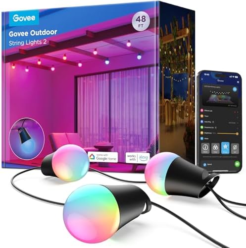 Govee Smart Outdoor String Lights 2, 48ft RGBIC Patio Lights with 15 Bulbs