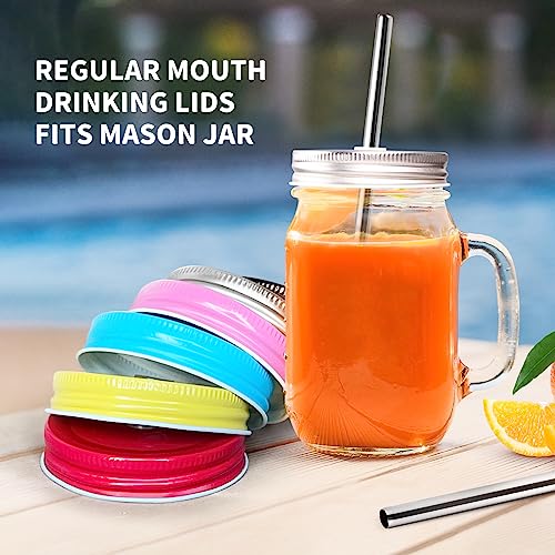 6 Pack Metal Drinking Lid With Straw Hole And Straws Compatible With Mason Jar Regular Mouth, 6 Colors, Dishwasher Safe #TOP3