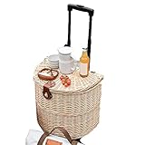 Cesta De Picnic, Cesta De Picnic De Mimbre, Cesta De Picnic De Ratán Tipo Rodillo Multifuncional, Cesta De Sauce con Ruedas Tejida A Mano, Recolección De Dulces De Huevo, con Tapa Y Asa