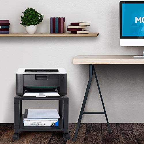 Mount-It! Under Desk Printer Stand With Wheels [2 Shelf] Height Adjustable With 4 Swivel Wheels, Cable Management, Low Rolling, Mobile Printer Cart, 2 Tier (Black) #TOP2