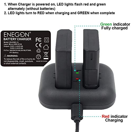 Enegon En-El14/14A Replacement Battery (2-Pack) And Rapid Dual Charger Kit For Nikon En-El14/14A (100% Compatible With Original) And Coolpix P7000, P7100, P7700, P7800 Dslr D3100,D3200,D3300,D3400. #TOP6