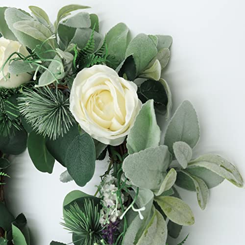 20 Inch Artificial Spring/Summer Wreath With Flocked Lambs Ear, White Rose, Green Maple Leaf For Front Door, Farmhouse, Indoor, Outdoor, Wedding, Wall, Home Decor #TOP1