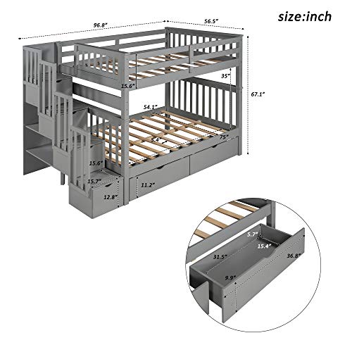 Meritline Full Over Full Bunk Bed With Stairs And 6 Storage Drawers, Wooden Bunk Bed With Storage Drawers, For Kids Teens Adults (Gray) #TOP5
