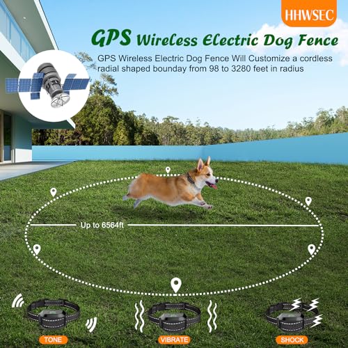 HWWSEC GPS Wireless Dog Fence, Electric Dog Fence Pet Containment System, Large Signal Range Up to 6560Ft, Portable GPS Dog Boundary Training Collar for Large and Medium Dogs