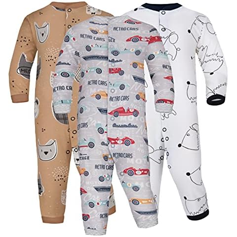 Sibinulo Infant Newborn Baby Boys and Girls Romper Sleepsuits for Toddler Bodysuit 100% Eco Cotton Pack of 3, Cars, Animals, White Dogs 6-9 Months Cover