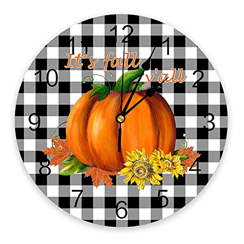 Loopop LPP-240719-SLXM09964CKACLOP Fall Wall Clock Thanksgiving Pumpkin Maple Leaf Clocks Pvc Silent Non-Ticking Battery Operated Black Plaid Checkered Round Clock cover
