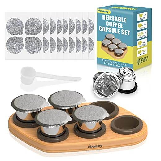 CAPMESSO Reusable Capsules for Nespresso OriginalLine, 6pcs Nespresso Refillable Pods Stainless Steel Coffee Pods Compatible with Nespresso Originaline Machine(6 Pods+100 Lids+ Wood Storage Tray)