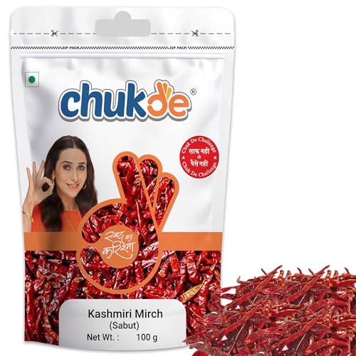 Image of Chukde - Kashmiri Lal Mirch Sabut - Chilli Stemless Whole - Whole Spice for Cooking, Flavoring, and Garnishing Indian Dishes - Ideal For Curries, Gravy, Pickles, and More - 100 Gram (Pack of 2)