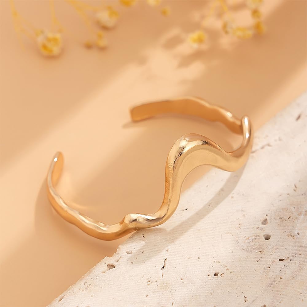 GIGB PBDK 14K Gold Liquid Metal Bracelet, Chunky Curved Wave Lava Open Cuff Bracelet, Minimalist Punk Hip Hop Statement Bangle Jewelry Gifts for Women