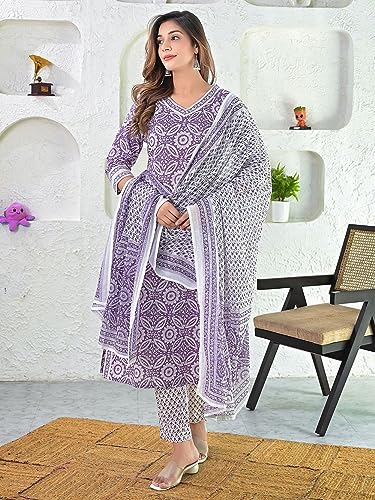 Image of GoSriKi Women's Cotton Blend Straight Printed Kurta with Pant & Dupatta (Nihira Purple-STN-GS 5XL Purple XXXXX-Large)