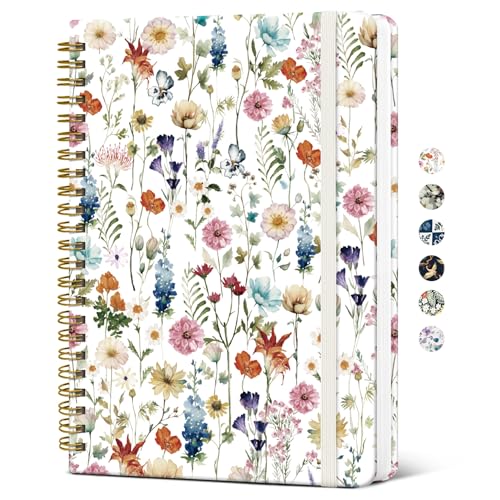 Spiral Journal Notebook for Women, Pretty Hardcover Lined Notebook for Work & Note Taking, Aesthetic Cute Journal for Writing, 140 Pages, 6'x8', Floral