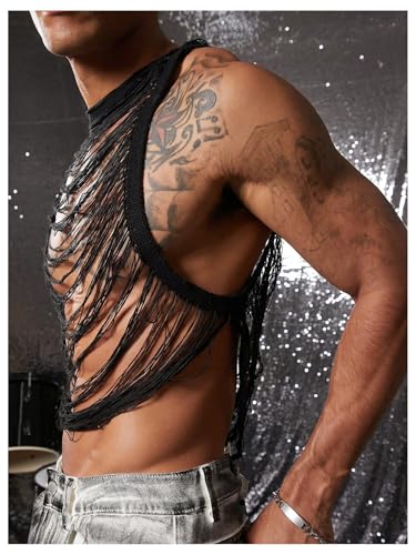 OYOANGLE Men's Hollow Out Ripped Sweater Vest Sleeveless See Through Crop Tank Tops Party Clubwear4