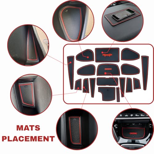 Image of Car Drome | Door Cup Bottle Mat Set for Kia Seltos Facelift 2023 to 2025 | Premium Non Slip Soft Rubber Inserts | Custom Fit 17 Pieces | Red Trim Interior Car Accessories | Dustproof Washable
