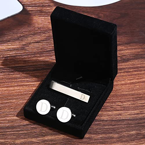 Image of LOYALLOOK Initial Cufflinks and Tie Clip Set for Men Silver Personalized Cuff links and Tie Bar Letter Alphabet A-Z Gift for Father Husband Valentine Gifts for Men