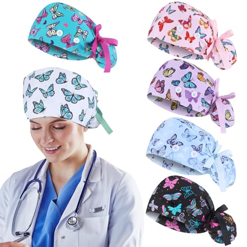 Image of 6 Pcs Scrub Caps for Women Doctor Nursing Hats with Buttons Adjustable Tie Back Working Cap Bouffant Scrub Hats for Women Men