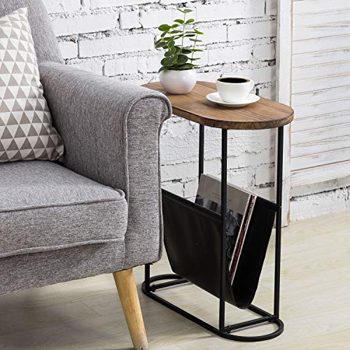 Mygift Modern Side Table Oval-Shaped Rustic Burnt Wood Tabletop And Black Metal Frame Small Living Room Accent End Table With Magazine Sling Holder Pouch #TOP4