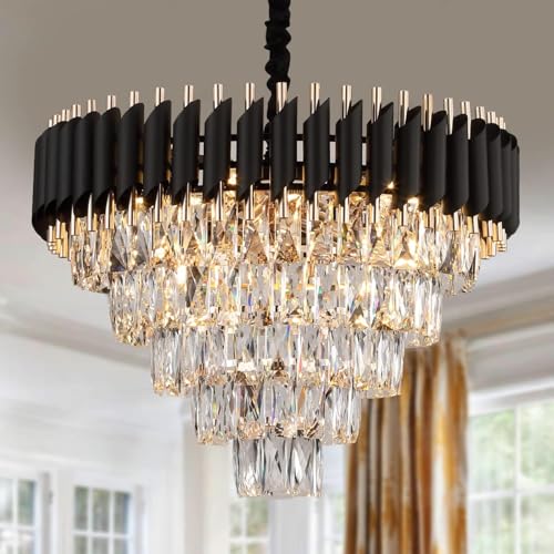 Image of Luxurious 600mm Black Gold Modern Chandelier with K9 Crystals | Warm White, Moonlight & Golden Light | Ceiling Hanging Light for Living Room, Dining Room, Bedroom, Hallway