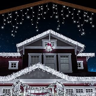 ANSIO® Outdoor Christmas Lights 220 LED 7.5m/24ft Icicle Lights Outdoor & Indoor Cool White Decorations String Fairy Outside Lights with Timer for Xmas Garden Bedroom & Party|Mains Powered Green Cable