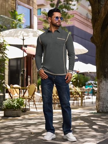 Mens Fashion Polo Shirts Classic Long Sleeve Basic Button Tees Stylish Tops Golf Shirts with Pocket4