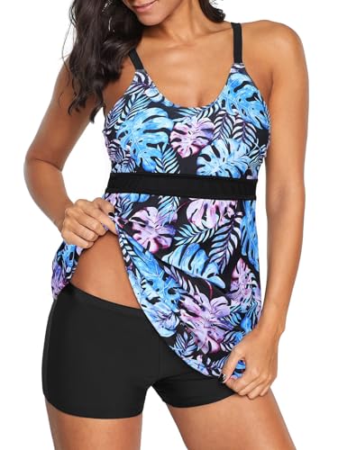 Century Star Womens Athletic Swimsuits For Women Two Piece Tankini With High Waisted Boyshorts Floral Printed Bathing Suits A9 Blue Purple Leaves 14-16 thumb #3