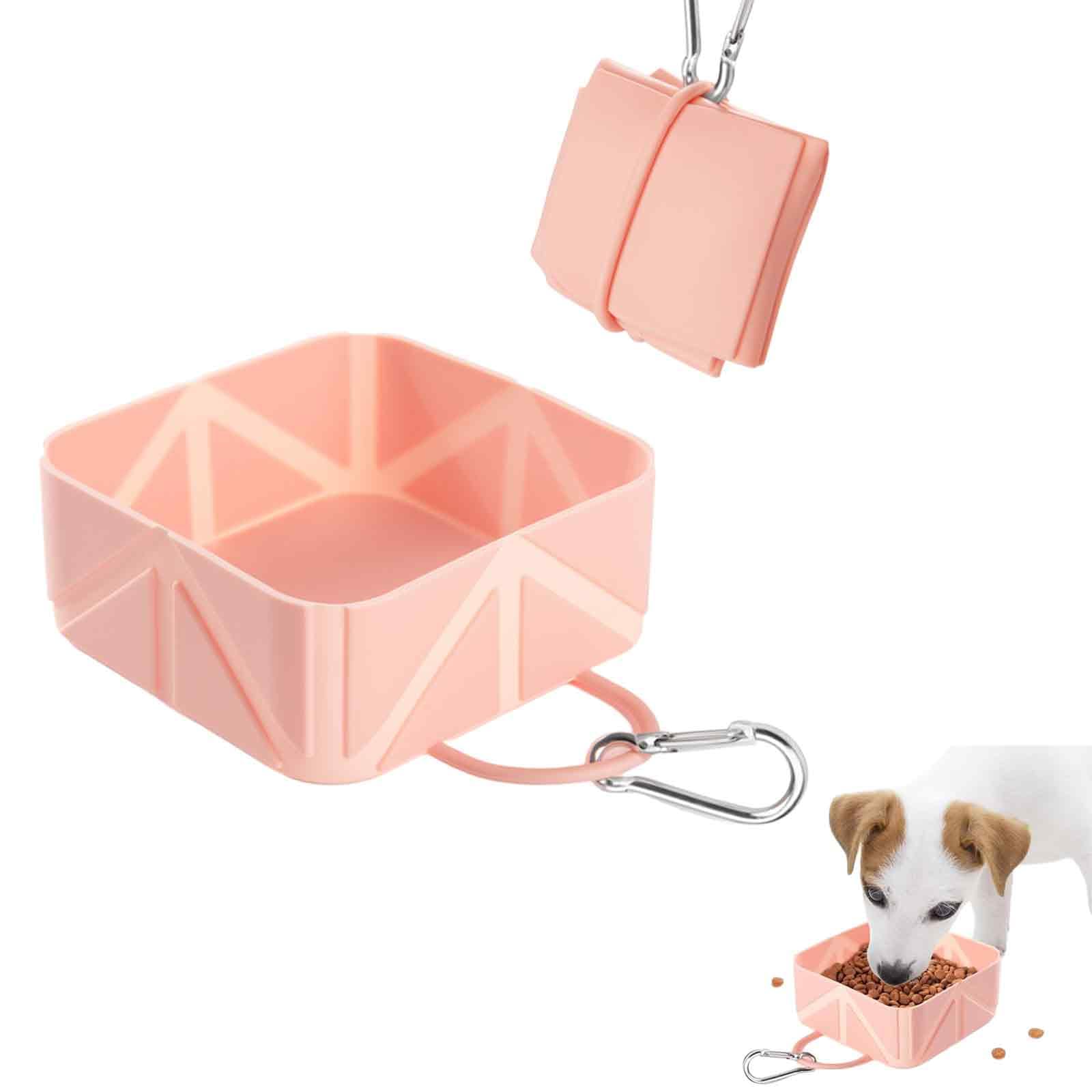 Portable Dog Feeder and Collapsible Silicone Drinking Bowl, Foldable Dog Bowl for Travel and Walks, Portable Pet Dish with Carabiner, Accessories for Dogs and Cats, Pink