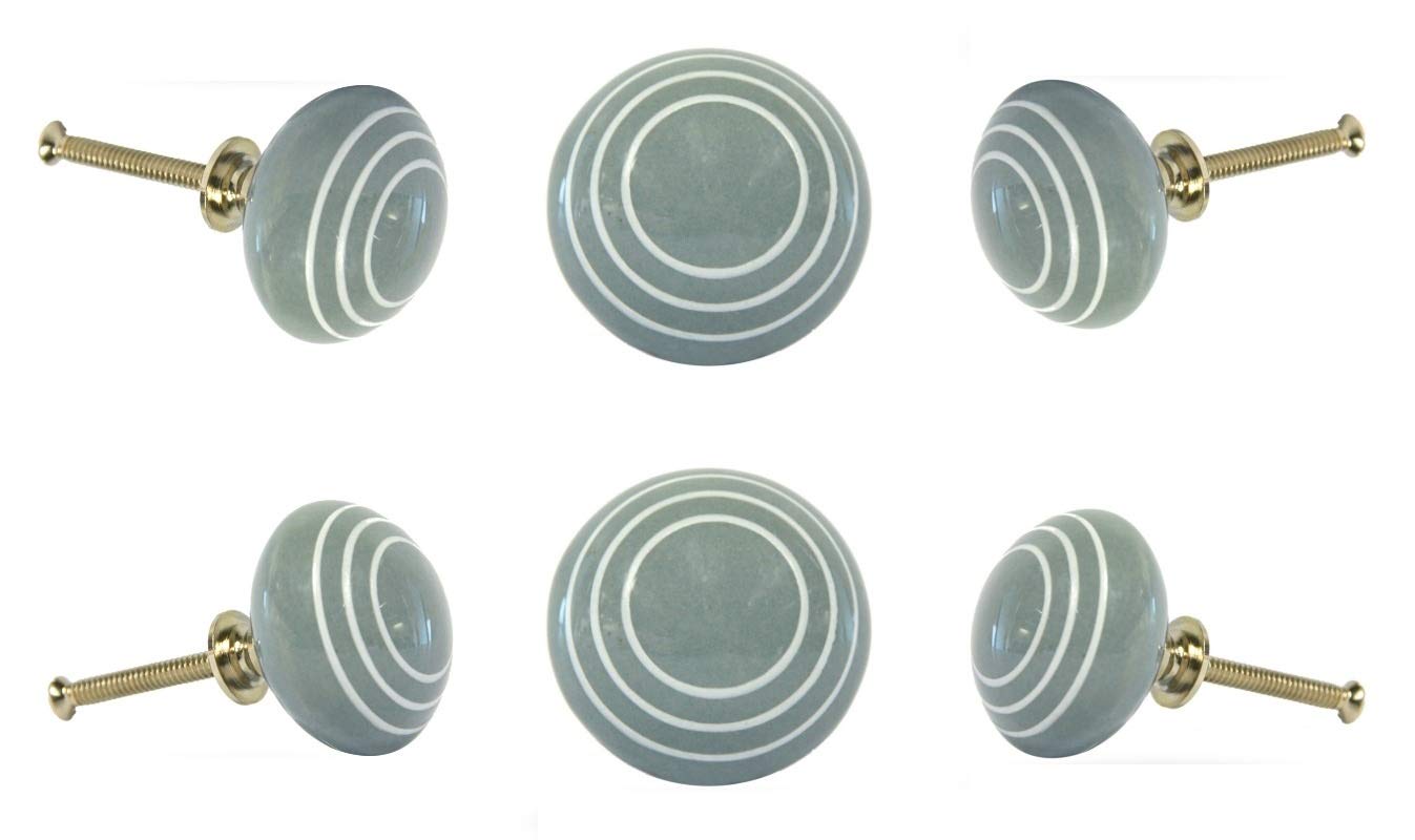 Set of 6 Ceramic White Circles on Grey Back Screw Knobs Beaten