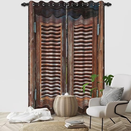 DORCEV Rustic Wooden Barn Door Blackout Window Curtains Wood Planks Farm Farmhouse Curtains Country Retro Western Vintage Brown Window Treatments Kitchen Bedroom Living Room Decor,21x63 inch,2 Panels
