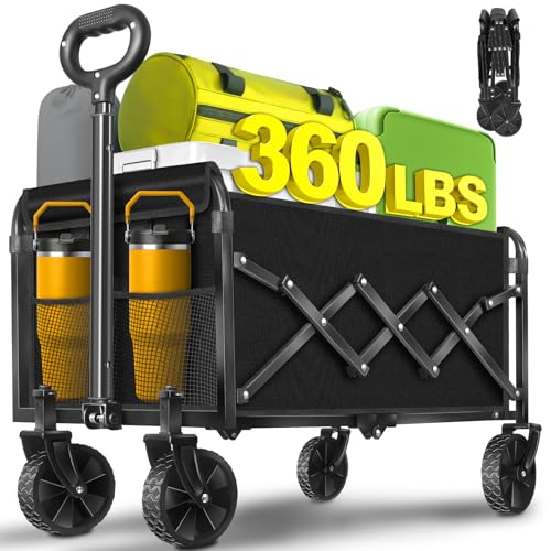 Collapsible Wagons Carts Foldable, 360lbs Portable Folding Wagon Cart with Wheels, Foldable Wagon Cart Utility for Camping, Beach, Grocery, Shopping, Sports, Garden