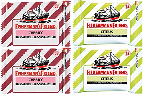 Fisherman's Friend Lozenges Duo Set (Cherry and Citrus Flavors) Fresh Breath and Extra Strong Cough Sugar Free Lozenges 25g Each (Pack of 4)