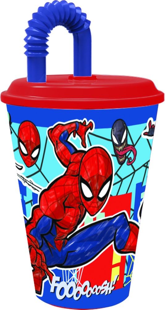 TATAWAY 430 ml Glass with Spiderman Mob Rules Straw: Durable, Comfortable and Decorated with the Mythical Spider-Man, Ideal for Any time of the Day in Full Marvel Style