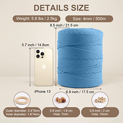Image of ZUEXT Macrame Cord, Light Blue, 4mm x 547yds Cotton String Macrame Yarn | Natural Handmade, 4 Strands Twisted Cotton Rope, for Craft Wall Hanging Weaving Tapestry Dream Catchers Hanger DIY Gift, 500m