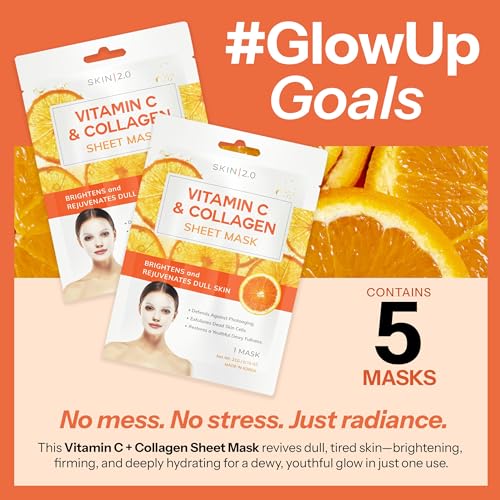 Image of Skin 2.0 Vitamin C & Collagen Sheet Mask - Anti-Aging, Wrinkle & Age Spot Reducer, Hydrating & Moisturizing - Dermatologist Tested Korean Skincare, Clean Beauty, All Skin Types - 10 Count
