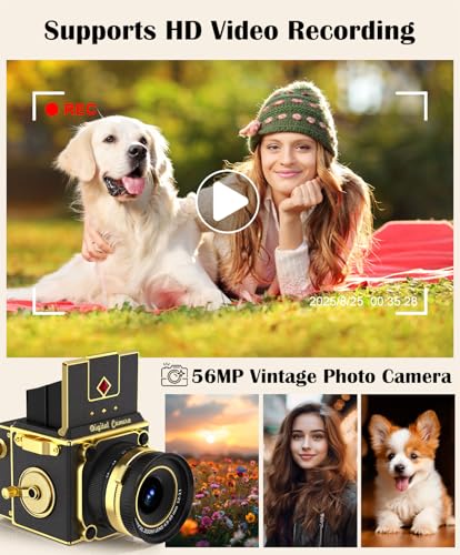 Image of Vintage Digital Camera, 64MP 2.7K Retro Point and Shoot Camera with Autofocus, 2 inch IPS Waist-Level Screen & 16GB TF Card, 16X Zoom Compact Photography Camera for Beginners Kids Black