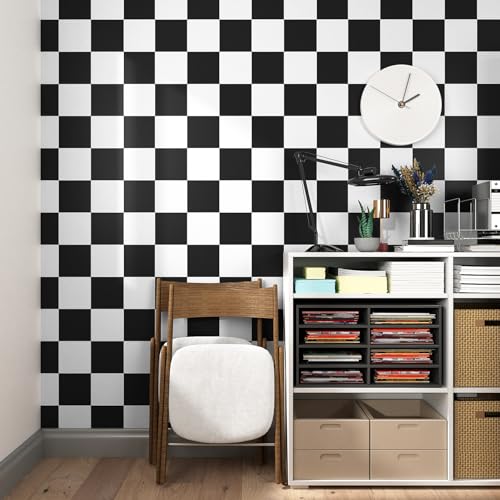 Yullpaper Tapete Schwarz Weiß Kariert Muster Dekorfolie Möbelfolie Selbstklebend Wand Tapeten Dicke Klebefolie Schwarz Weiß Matt für Küchenschränke Tisch Tepete Badezimmer Wasserfest 40cm X 200cm