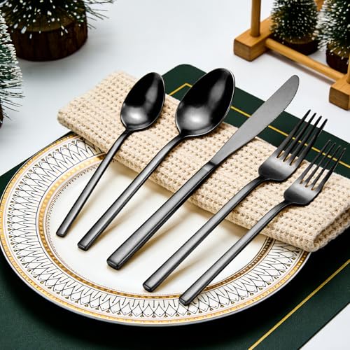 Cooluxry 20pcs Matte Black Silverware Set, Cuboid Flatware Set Service for 4, Stainless Steel Cutlery Set, Dishwasher Safe
