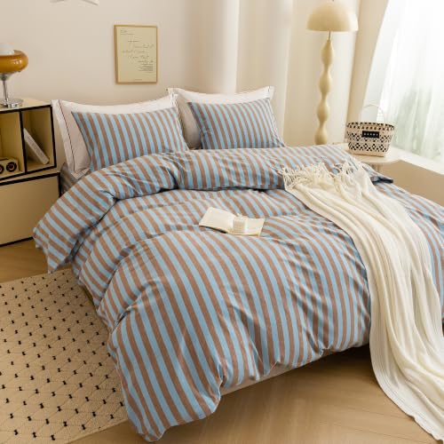 Image of Retro Blue Brown Striped Duvet Cover Set, Soft & Comfortable Durable King