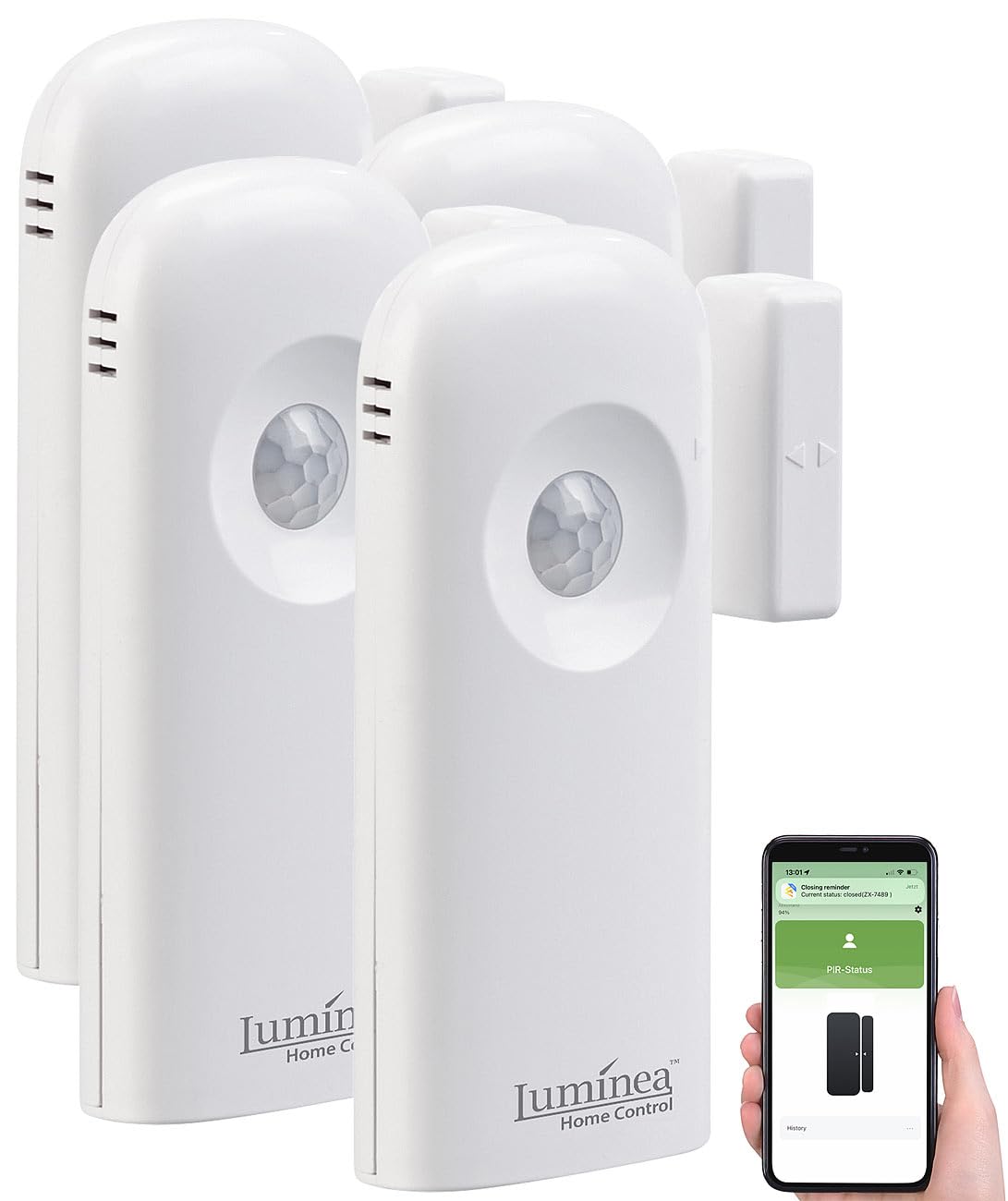 Luminea Home Control mini allarme: Set da 4 Sensori Wi-Fi 2in1 per porte/finestra e sensori PIR, App, Controllo vocale (rilevatore di movimento interno a batteria, di allarme per porte, accessori)
