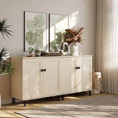 FENSULN Buffet Sideboard Cabinet Farmhouse Modern 2 in 1 Storage Cabinet with Adjustable Shelves for Kitchen, Coffee Bar, Living Room, Beige