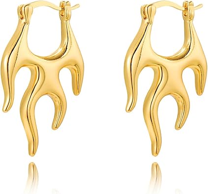 Punk Flame Hoop Earrings - Chunky Gold Statement Irregular Geometric Flame Earrings for Women - Unique Trendy Hooped Halloween Jewelry Gift