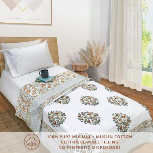 Image of TOAIArt Premium Jaipuri Dohar | AC Blanket Summer Quilt | Hand Block Printed | 3 Layers | Reversible | 150GSM 100% Mulmul Cotton | 100% Cotton Flannel Filling | Single 60 inch X 90 inch|Earthy Mugal Motif